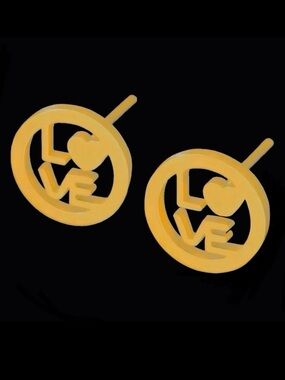 “LOVE” Letters Heart Gold Stainless Steel Cut-Out Circle Romance Mini Tiny Studs
